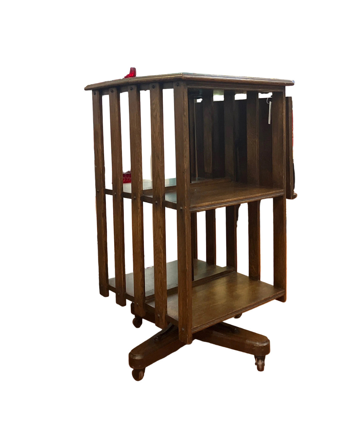 Antique Victorian Rotating Book Case with Fold Out Desk Shelf Solid Wood Freshly Cleaned and Conditioned