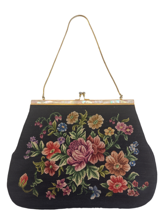 Vintage Black Floral Needlepoint Bag
