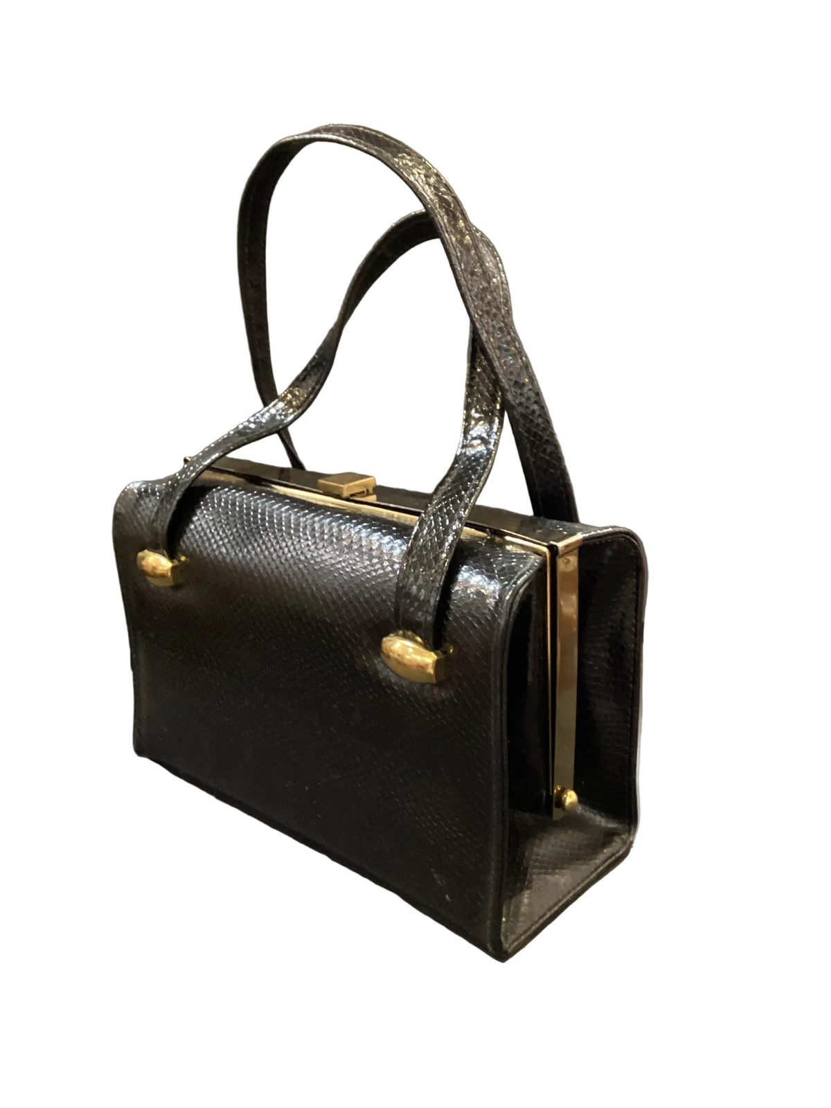 Vintage 1940s-1950s Black Leather Reptile Skin Purse Gold Hardware