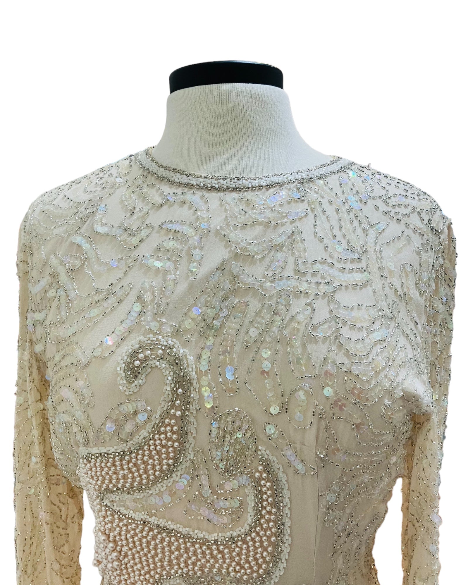 oleg cassini sequin dress Oleg Cassini Dress Black Sequin Evening Long Gown Ornate Sleeve V Vintage S M L