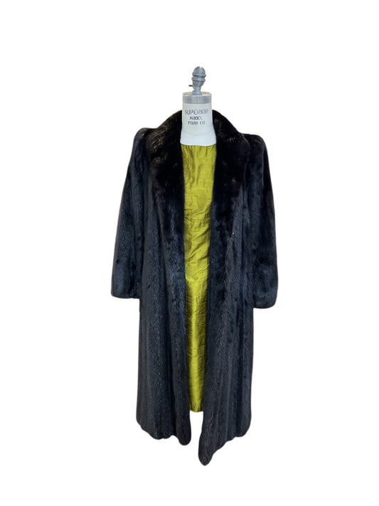 Vintage 1950s 1960s Luxe Dark Brown Black Genuine Mink Fur Coat Dress Length with Hidden Interior Pockets Hook and Eye Closure
