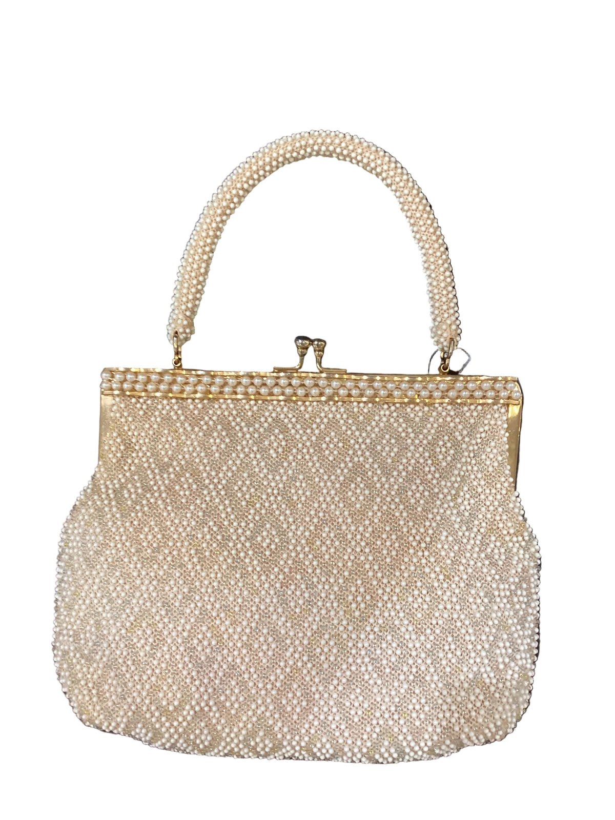 Vintage Soft Ivory Kisslock Beaded Purse with Faux Pearls Pastel Beads White Lucite Gold Accents