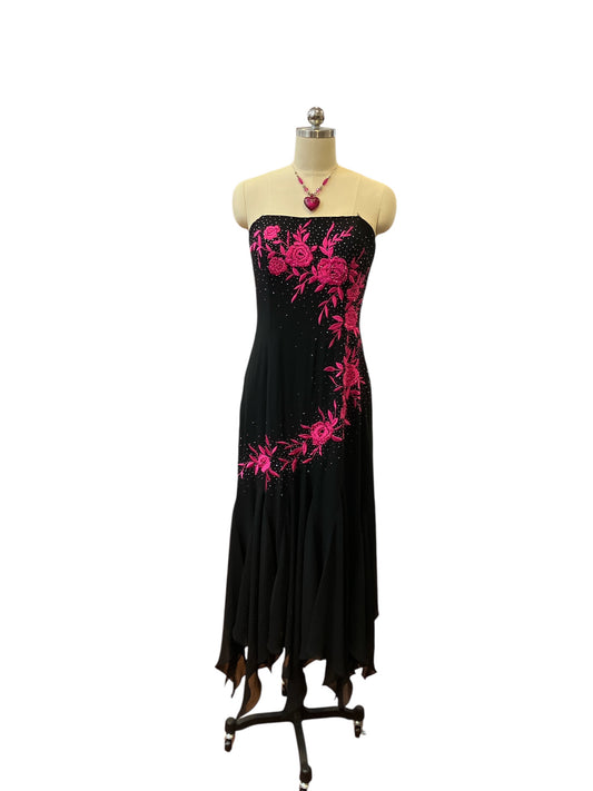 Vintage Style Black Chiffon Hot Pink Floral Appliqué Beaded Strapless Dress