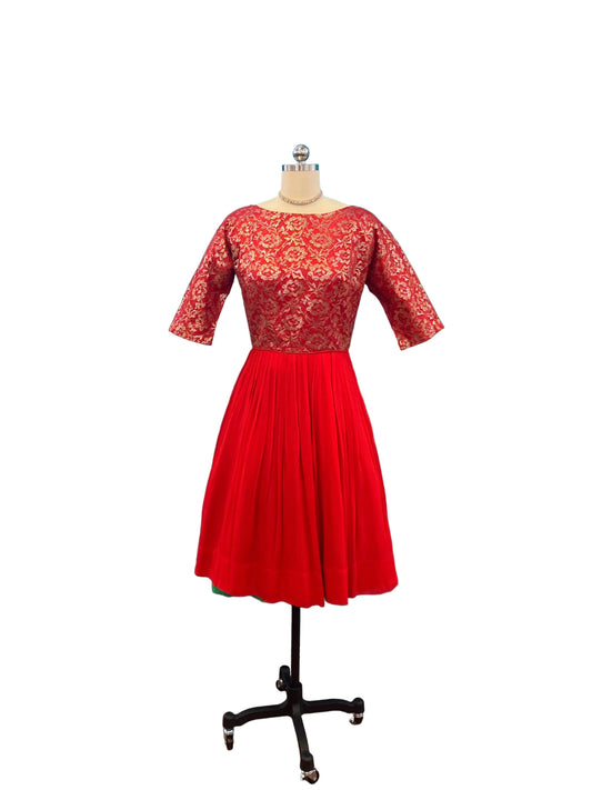 1950’s Vintage Red Cocktail Dress with Gold Floral Bodice (accessories not included)