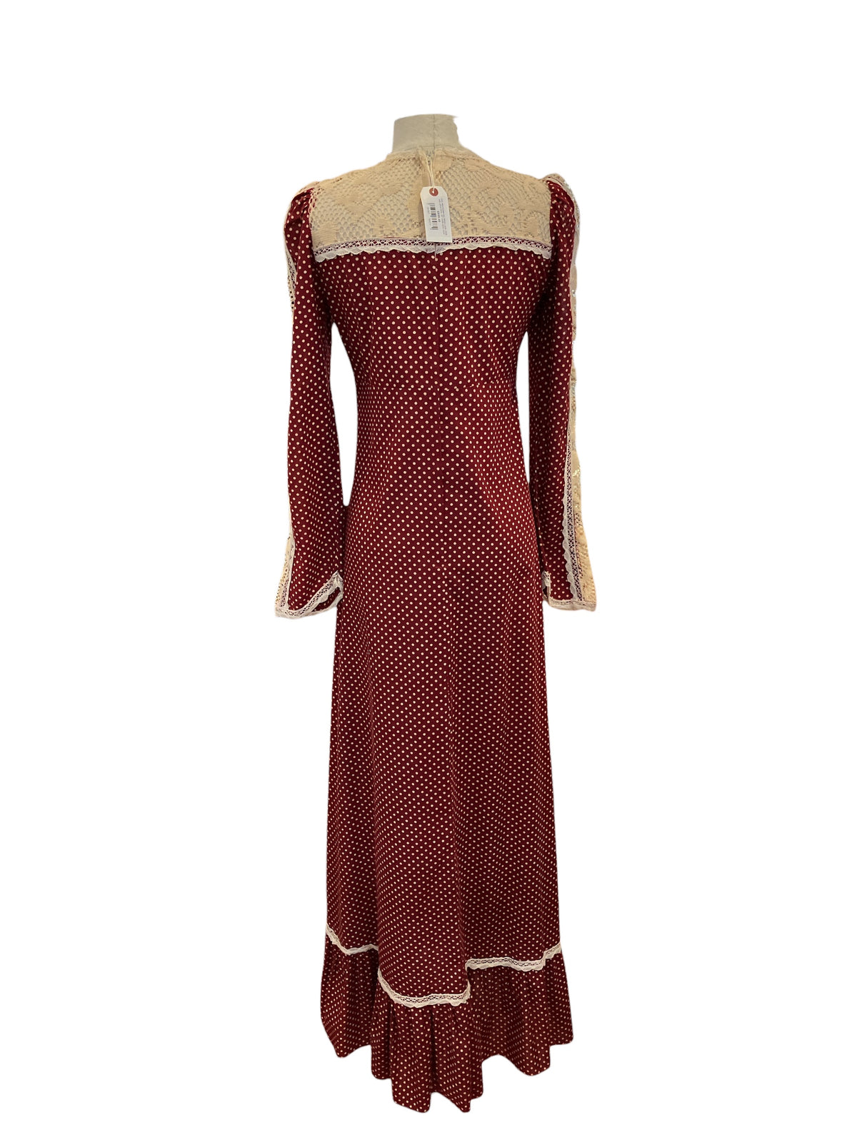 Vintage Gunne Sax by Jessica Black Label Burnt Orange Red Polka Dot Ivory Lace Sheer Renaissance Style Dress