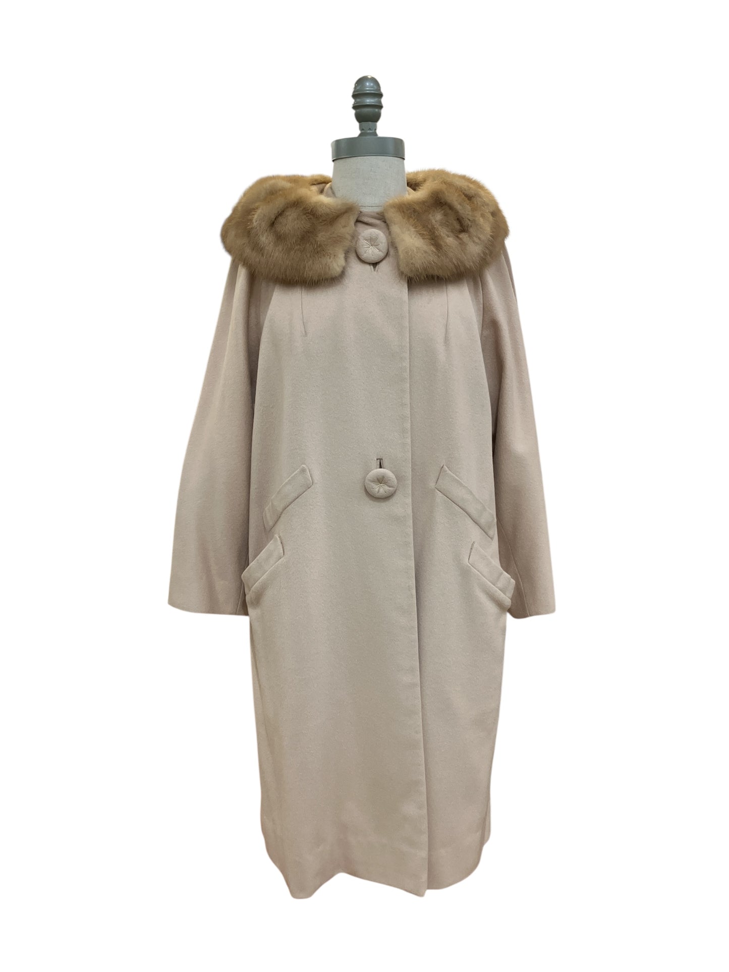 Vintage 1960s Buffums of California by The Pearsalls Beige Wool or Cashmere Coat with Removable Mink Collar Double Pocket Illusion Detail
