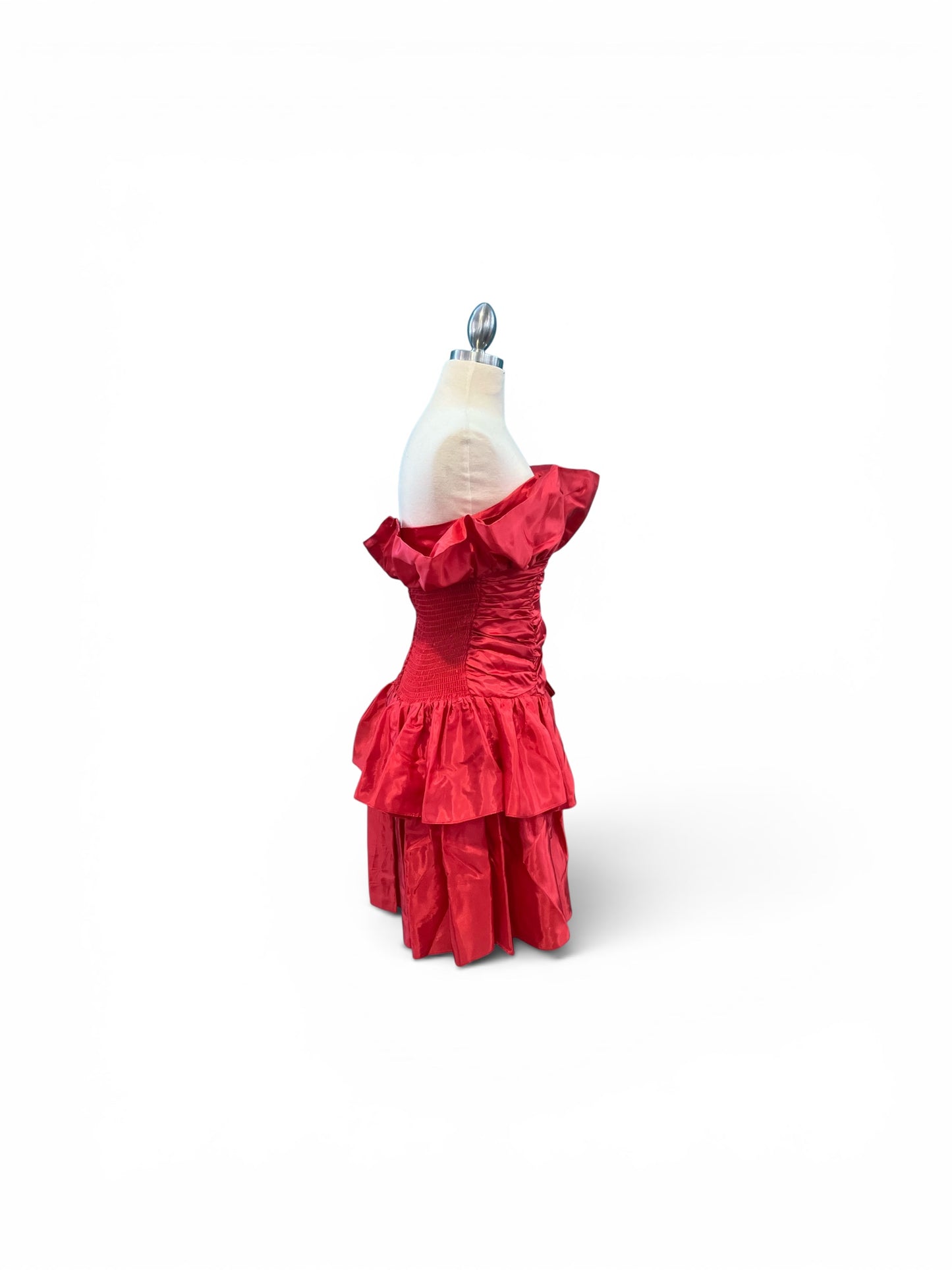 Vintage 1980s “TAMARAS” Red Strapless Smocked Waist Ruffle Dress