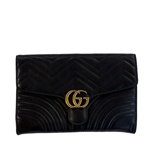 Gucci GG Marmont Flap Envelope Clutch Black Matelassé Leather Chevron Quilting 498079