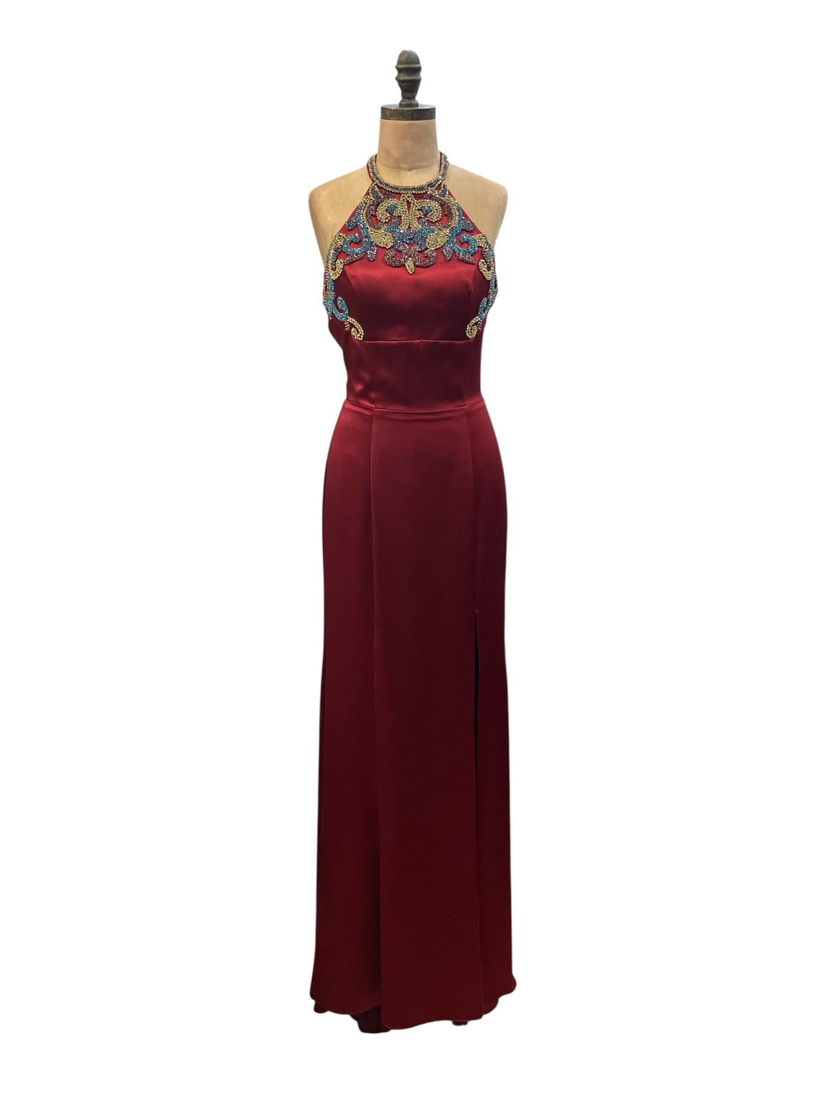 Designer SHERRI HILL New with Tags Red Halter Trumpet Gown with Long Train and Blue and Gold Rhinestone Embellishment