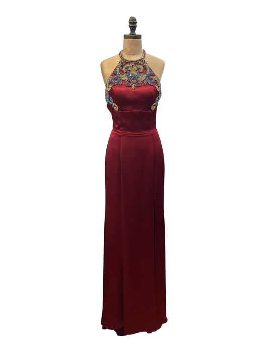 Designer SHERRI HILL New with Tags Red Halter Trumpet Gown with Long Train and Blue and Gold Rhinestone Embellishment