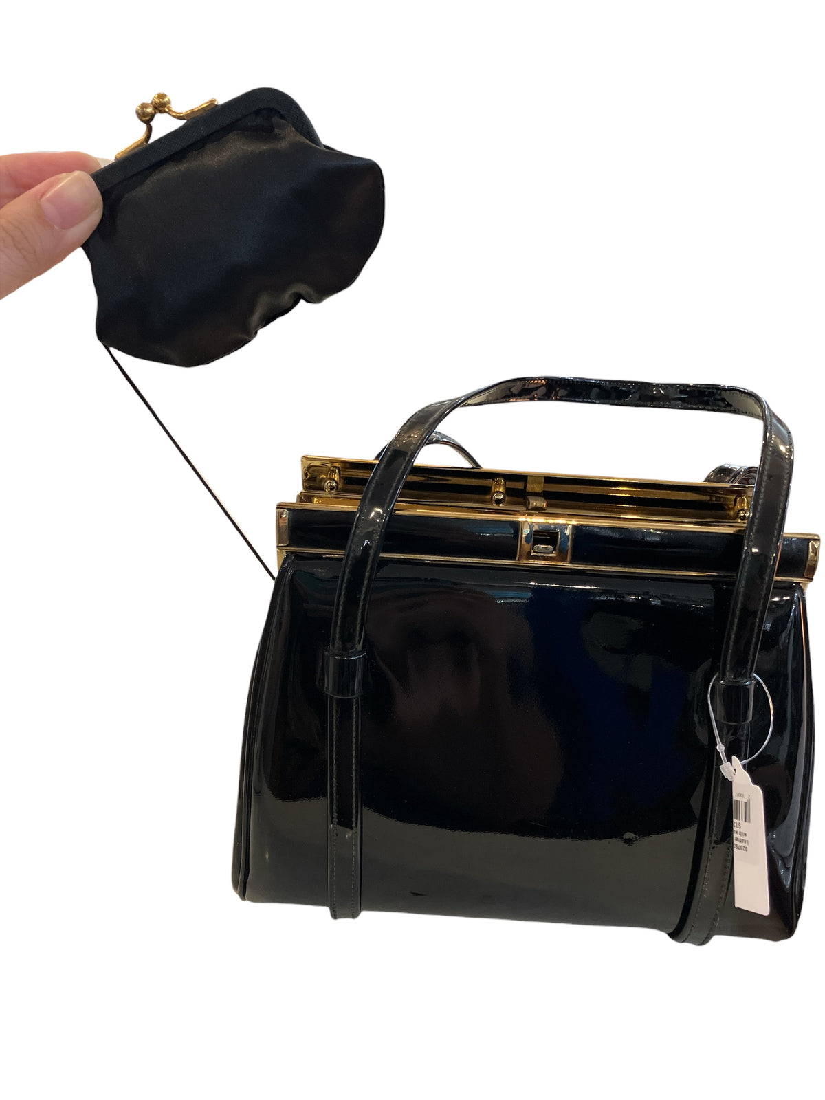 Vintage 1940s L&M A Spot-Lite Reg Exclusive Black High Gloss Gold Hardware Bag With Satin Coin Purse Attached Inside