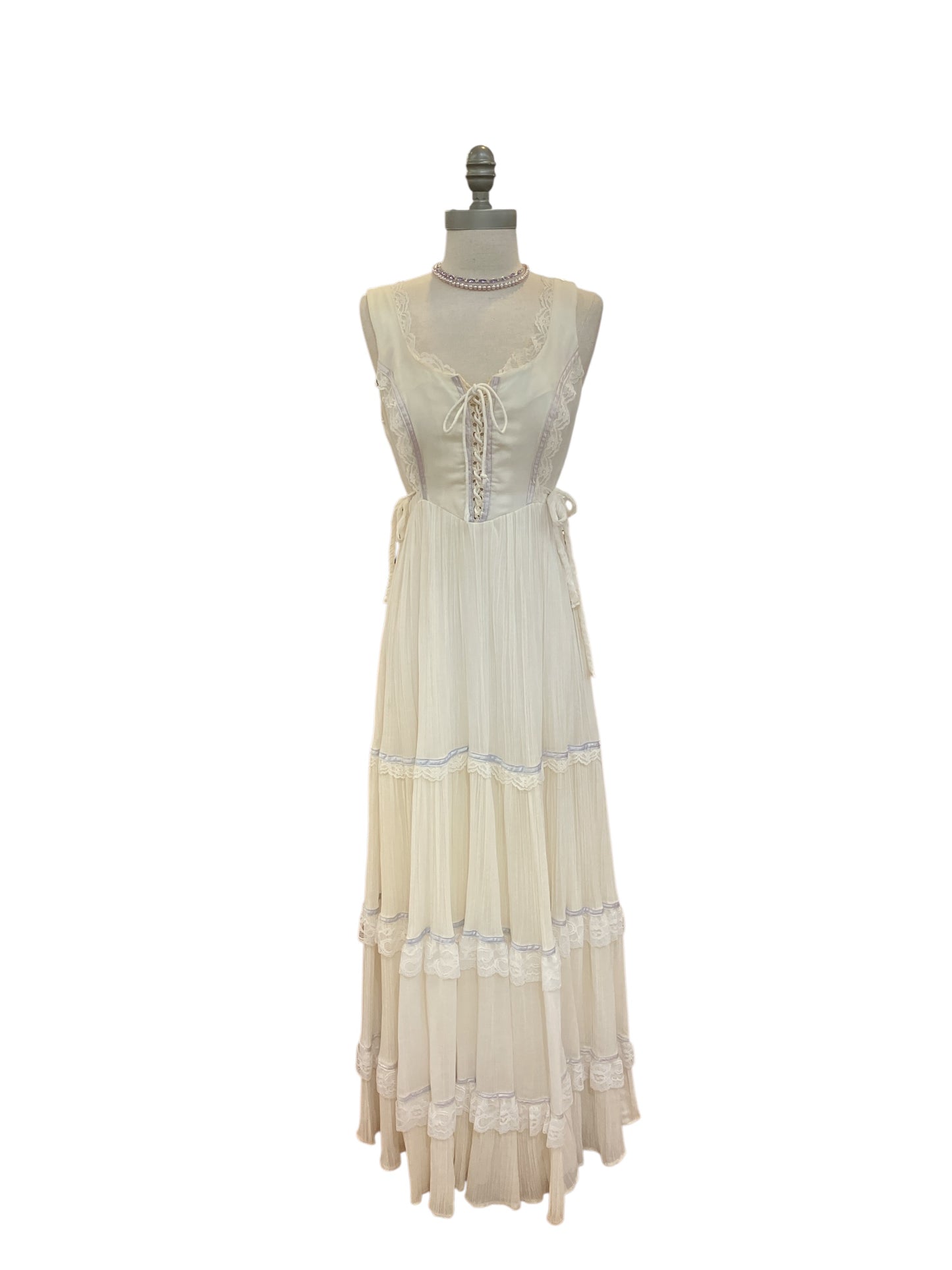 Vintage Gunne Sax by Jessica White Lace Up Sundress with Pale Lavender Trim and Waist Ties Full Sweep Cotton Gauze