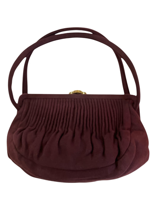 Vintage 1940s-1950s Small Burgundy Pleated Cloth Purse Gold With Comb Slot Gold Satin Lining
