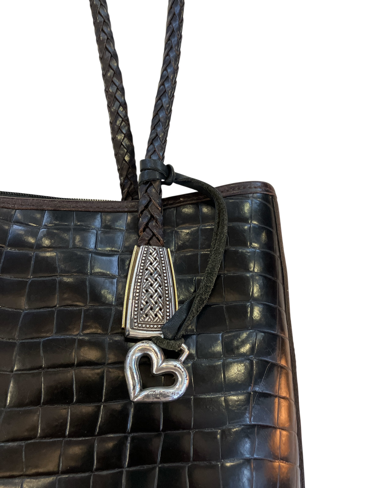Vintage Brighton Shoulder Bag Croc Embossed Brown Trim Braided Handle