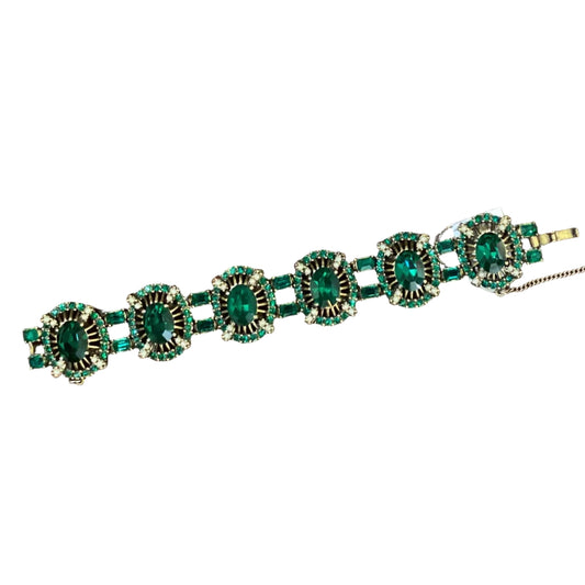 Vintage Mark Hollycraft Emerald Green Rhinestones and Faux Pearls Chunky Bracelet Made in 1953