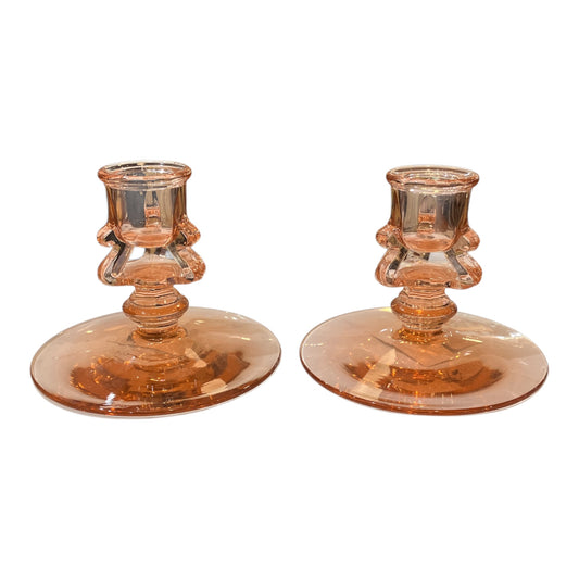 Vintage Triffin Glass Co Circ 1940 Pink Candleholder Set of Two