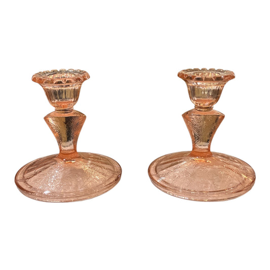 Vintage Pink Depression Glass Jeanette Floral Candleholder Sold as Set of Two