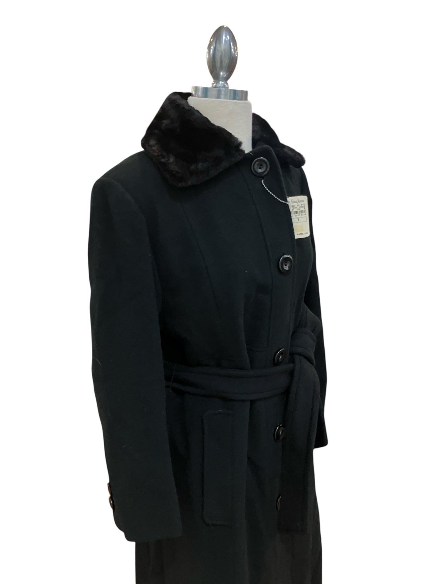 Vintage Neiman Marcus Black Wool and Cashmere Coat with Sheared Rabbit Collar