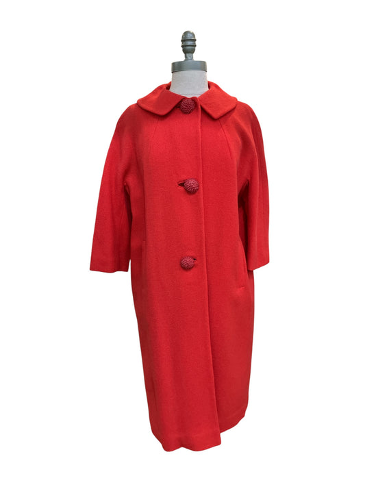 Vintage 1960s Designer Adolfe Zelinka New York Coral Three Button Coat with Bow at Back Jackie Kennedy Jackie O Style