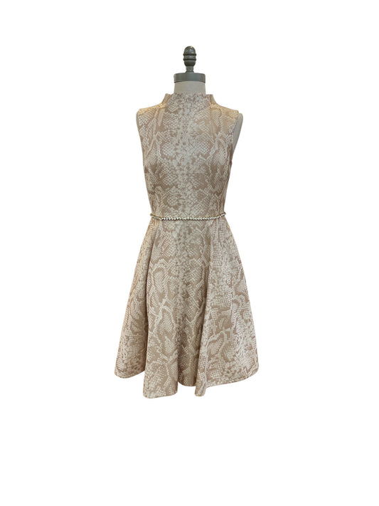 Designer Ted Baker London Beige Rose Gold Snake Print Cocktail Dress Zip Up Rhinestone Belt Detail