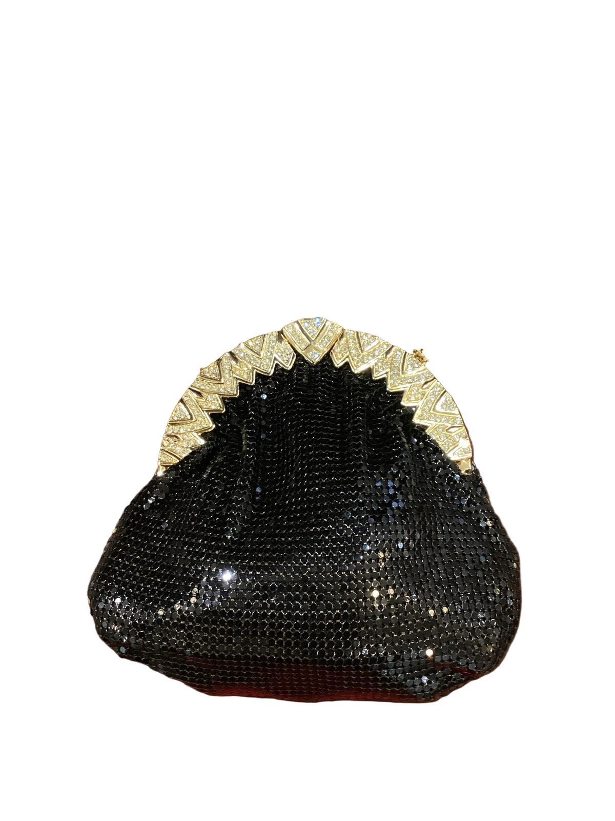 Vintage Whiting & Davis Black Mesh Gold Clasp with Rhinestones Evening Purse with Crossbody Chain Strap