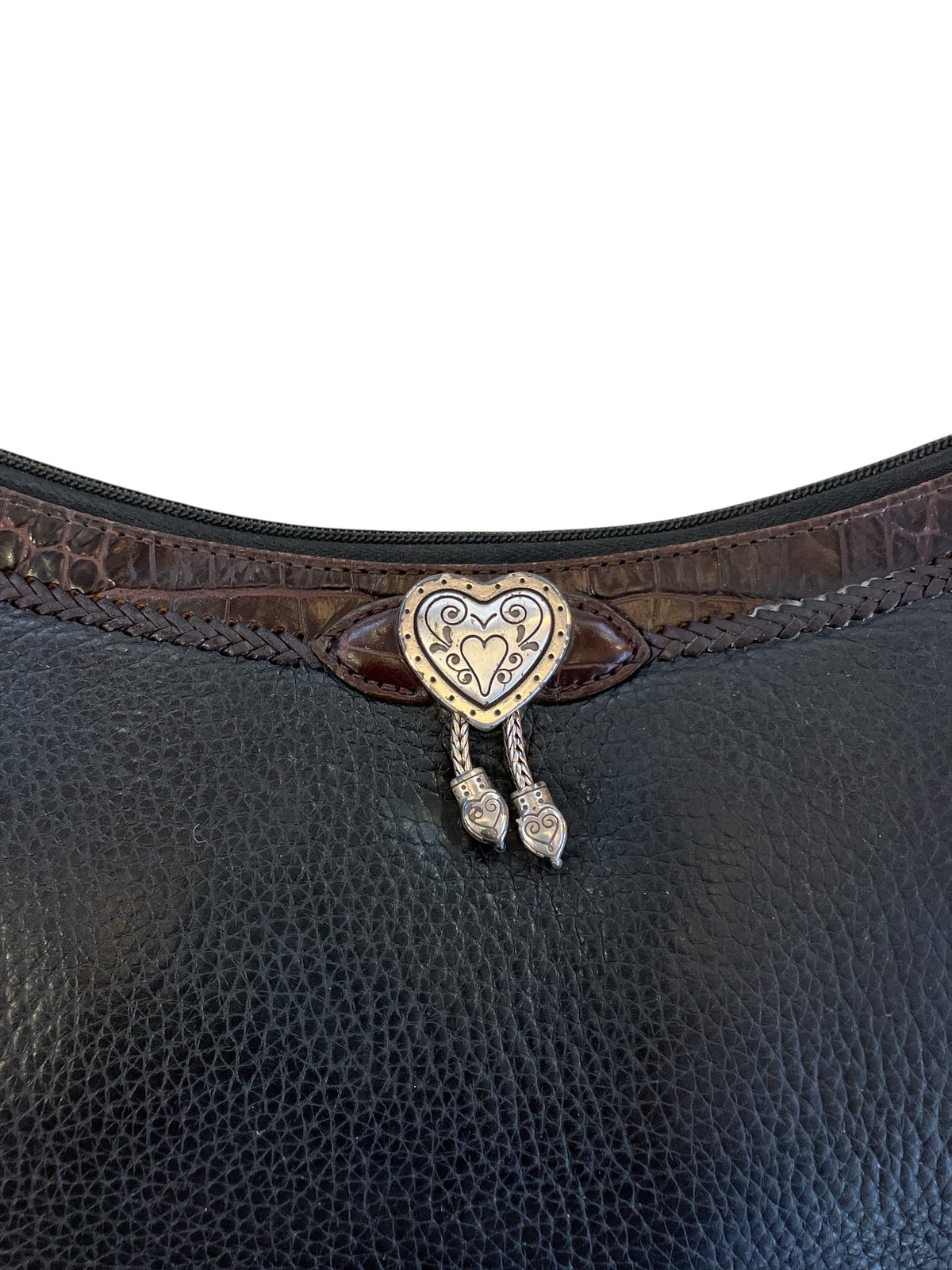 Vintage Brighton Crossbody Bag Black Pebble Leather with Dark Brown Trim Silver Hardware