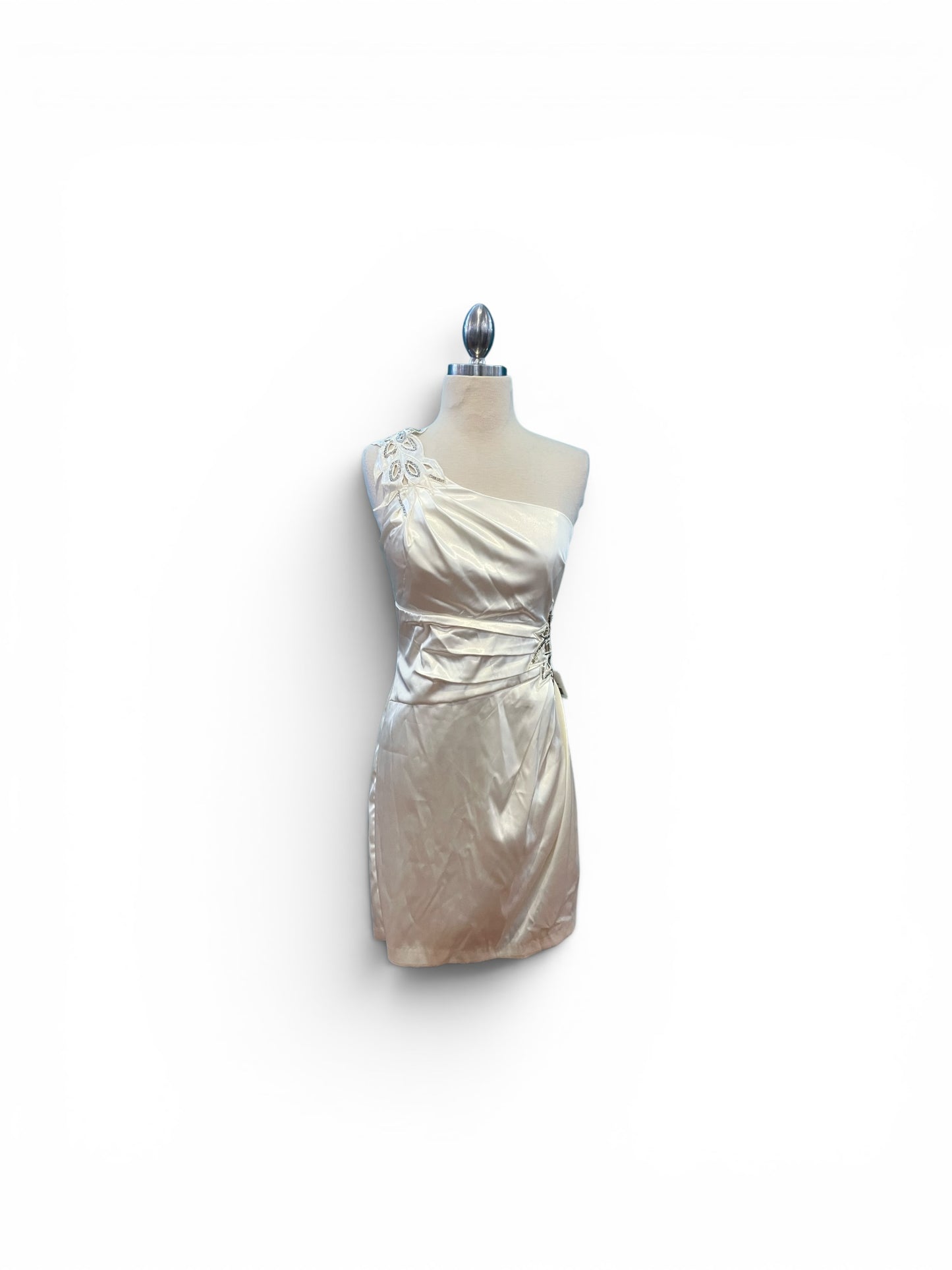 Vintage 1990s White Satin Short Dress Rhinestone Embellishment Cut Out Waist