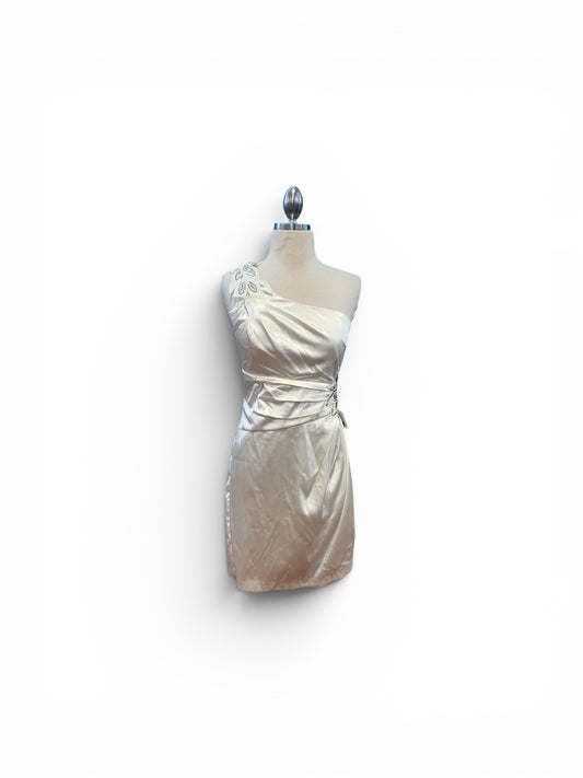 Vintage 1990s White Satin Short Dress Rhinestone Embellishment Cut Out Waist