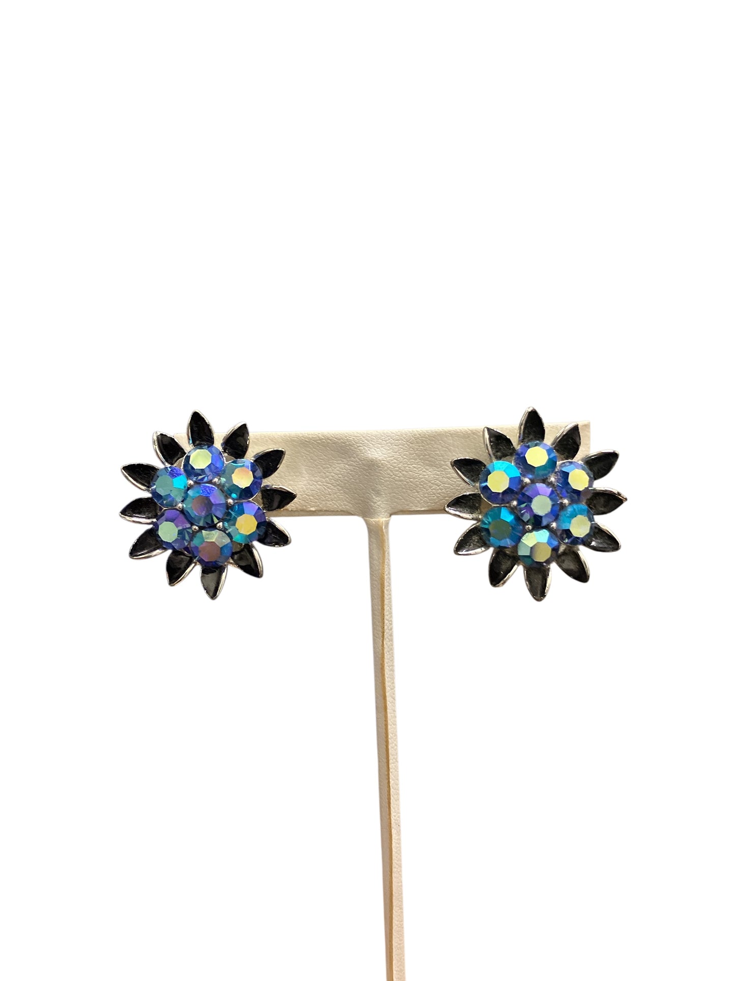 Vintage Blue Clip on Earrings Mark Lisner Costume Jewelry Rhinestone Iridescent Star or Flower Shape