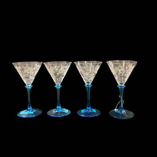 Vintage Cut Flower Footed Turquoise Apéritif Small Glasses Set of Four (4pc)