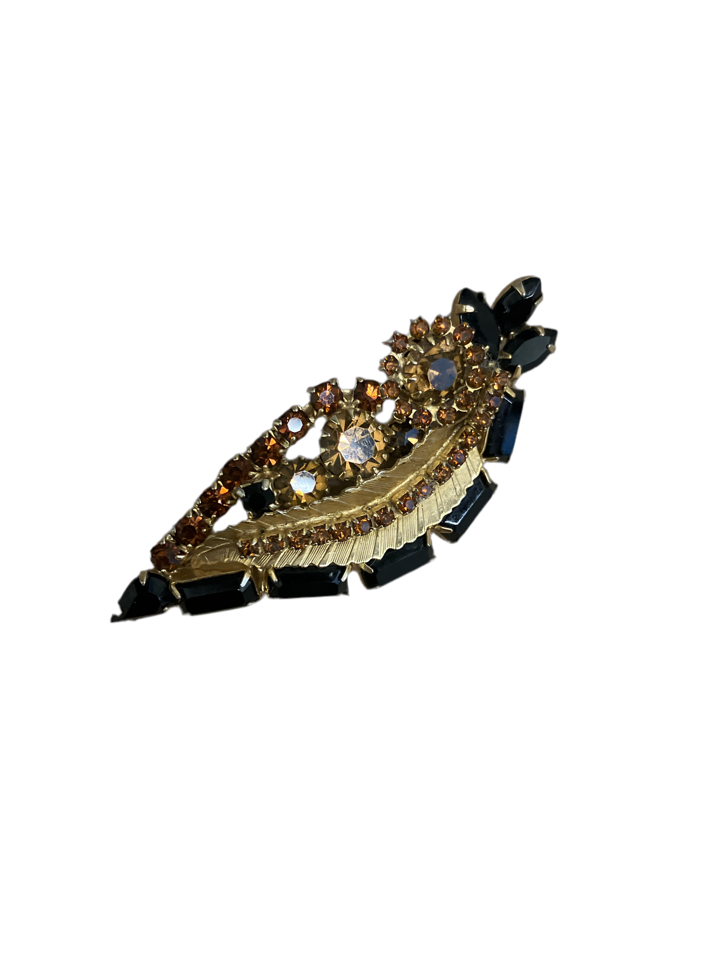 Vintage Leaf Rhinestone Pin with Amber and Black