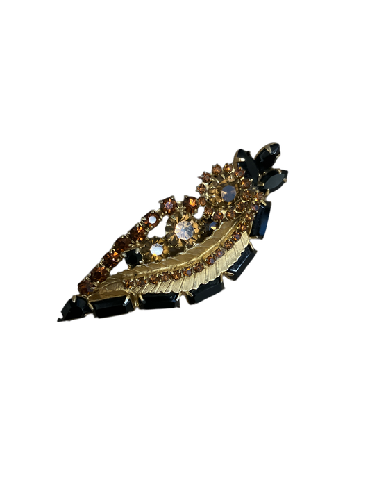 Vintage Leaf Rhinestone Pin with Amber and Black