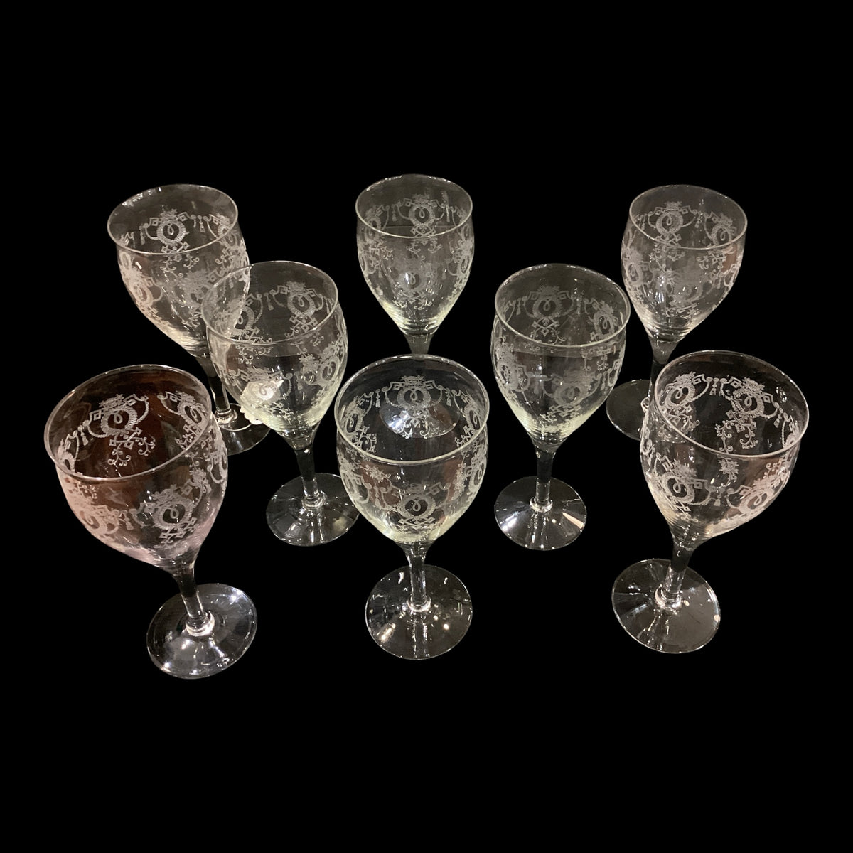 Vintage Etched Water Goblets Set of 8 Monongah Glass Company Later Hocking Laurel Wreath and Swags Art Nouveau Patten Glasses Sold Together (8pc)