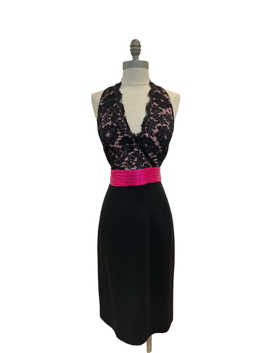Designer Donna Morgan New With Tags Hot Pink Black Lace Silk Cocktail Dress V Neck Fitted Knee Length Zip Up