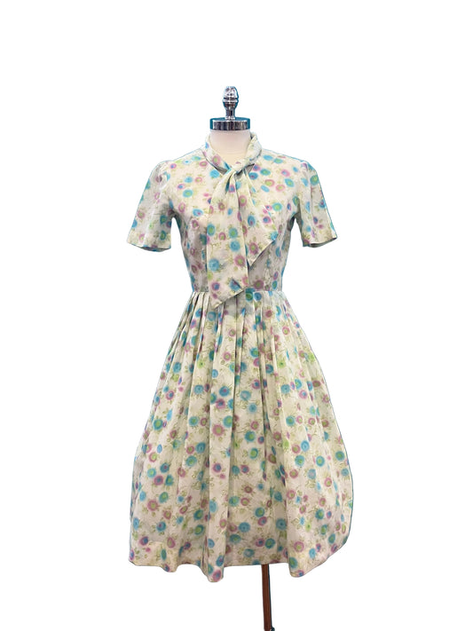 Vintage 1950s Handmade Floral Dress  w/ Scarf Collar