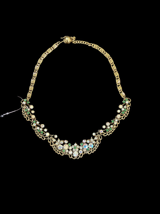Ethereal Vintage Mark Florenza Gold Tone Iridescent Rhinestone Emerald Green and Faux Pearls Floral Princess Necklace