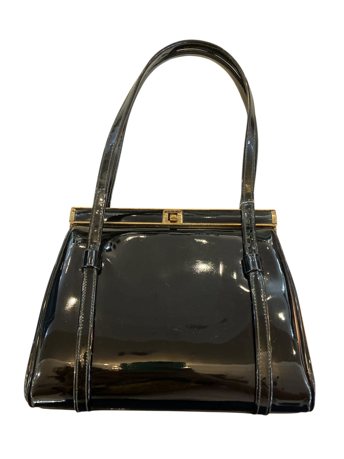 Vintage 1940s L&M A Spot-Lite Reg Exclusive Black High Gloss Gold Hardware Bag With Satin Coin Purse Attached Inside