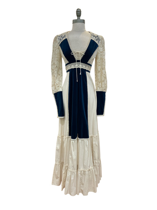 Stunning Vintage Gunne Sax by Jessica Blue Velvet Muslin Renaissance Dress Like New Without Tags Size 7