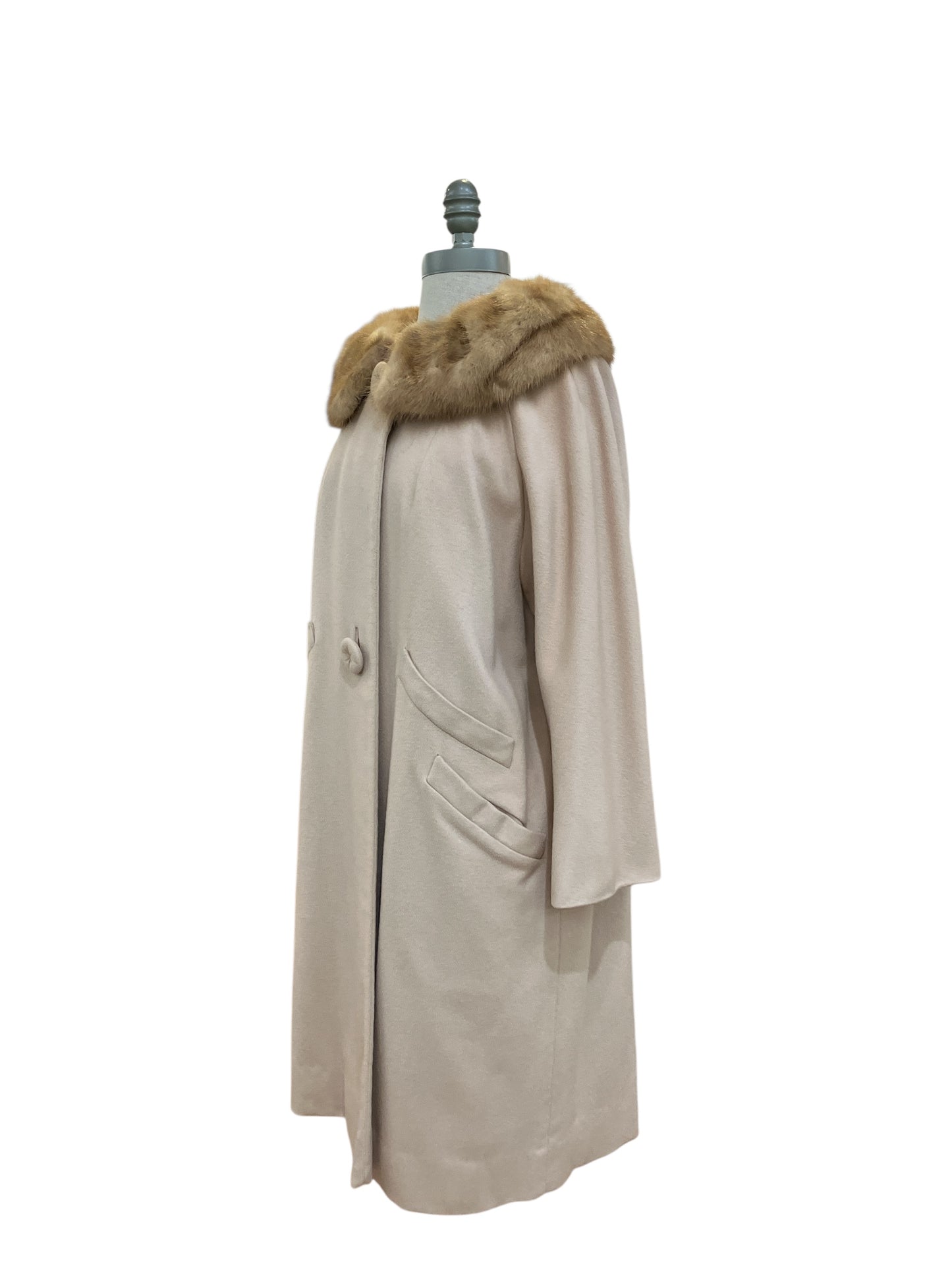 Vintage 1960s Buffums of California by The Pearsalls Beige Wool or Cashmere Coat with Removable Mink Collar Double Pocket Illusion Detail