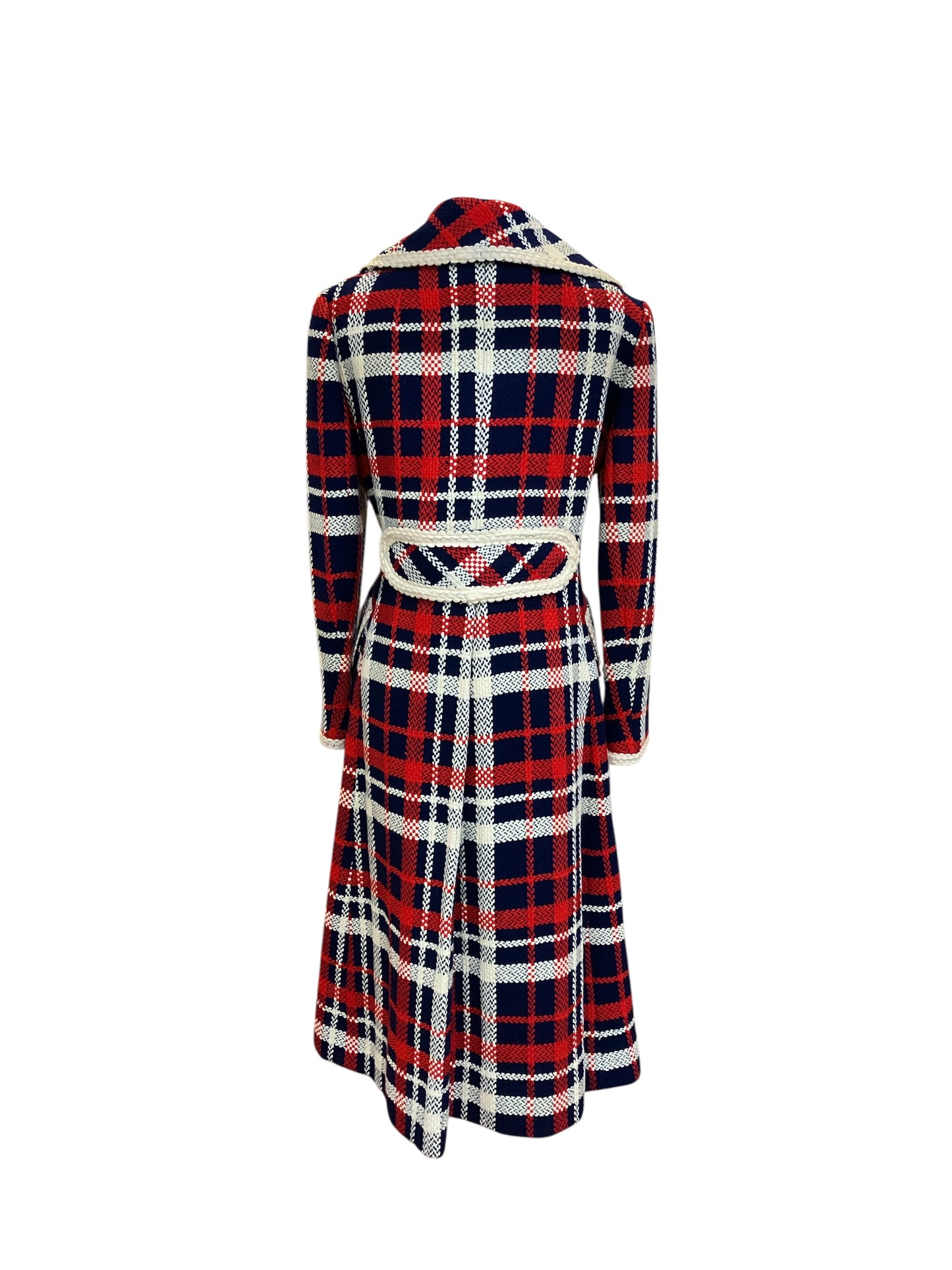Vintage I. Magnin Couture 1971 Union Made Red White and Blue Plaid Wool Double Breasted Coat Gold Buttons