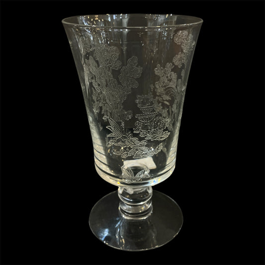Vintage 1940s Etched Glass “Willow” Pattern With Garden Scenes Bridge over Pond Planters Trees Tumbler (1pc, $23 each, 4 total available)