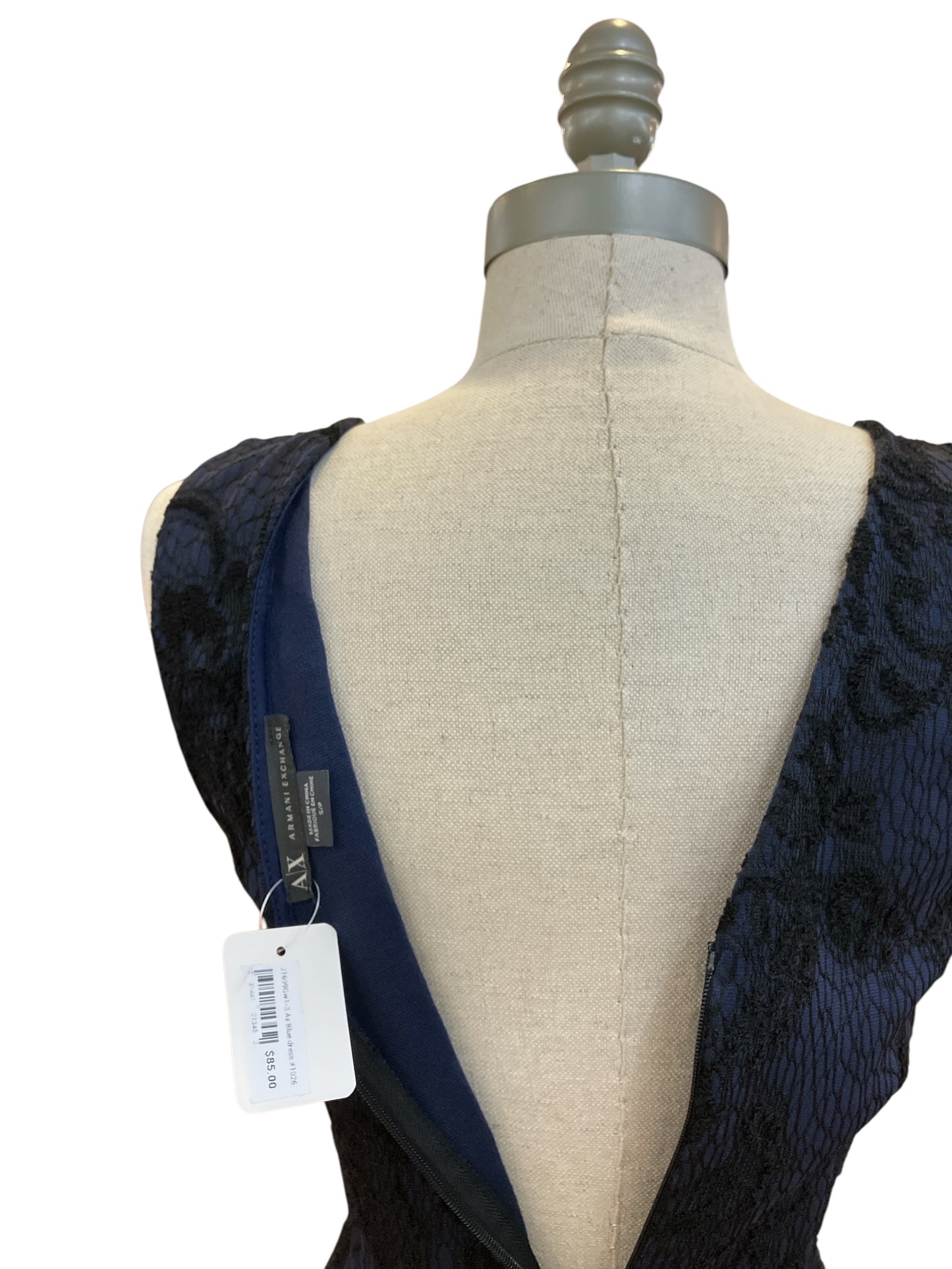 Designer Armani Exchange Navy Blue Black Lace Cocktail Dress Plunging V Neck Fitted Tailored Pleats With Pockets