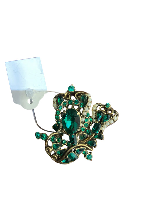 Vintage Mark Hollycraft Emerald Green Rhinestone Faux Pearls Chunky Bracelet Brooch Gold Tone Made in 1953