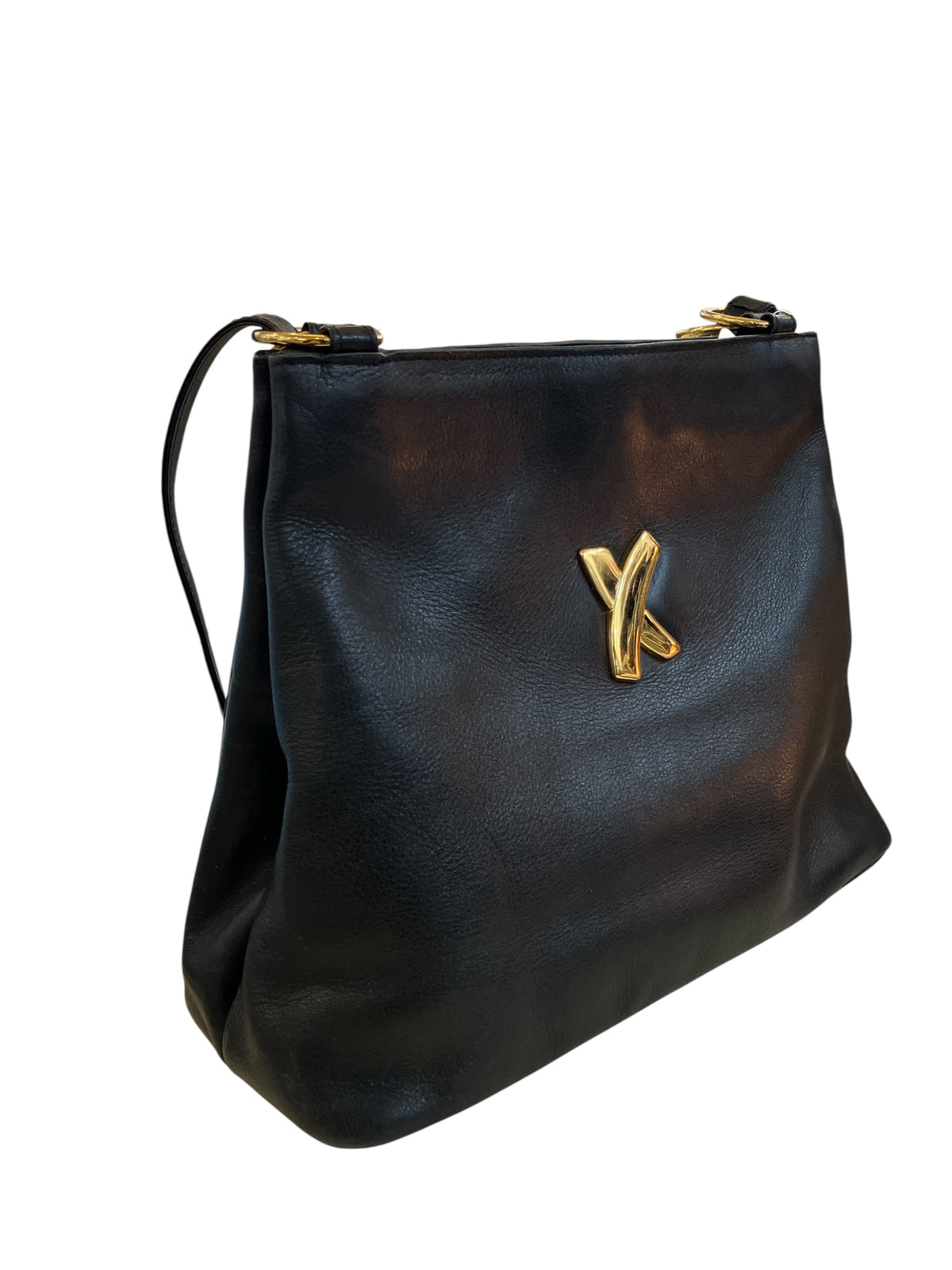 Vintage Designer Paloma Picasso Black Smooth Leather Handbag Gold Hardware