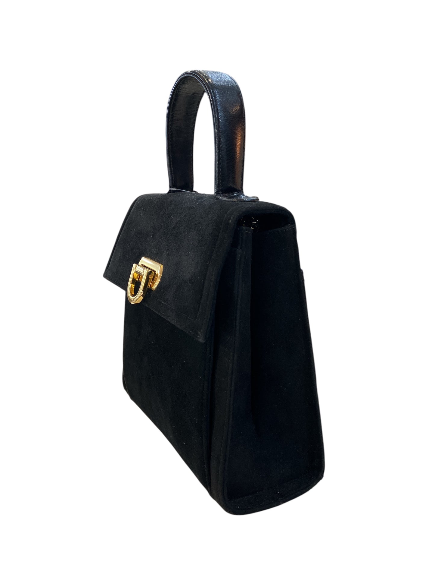 Vintage Frenchy of California Black Suede Bag With Calfskin Leather Accents and Gold Hardware Detachable Crossbody Strap Ferragamo Style