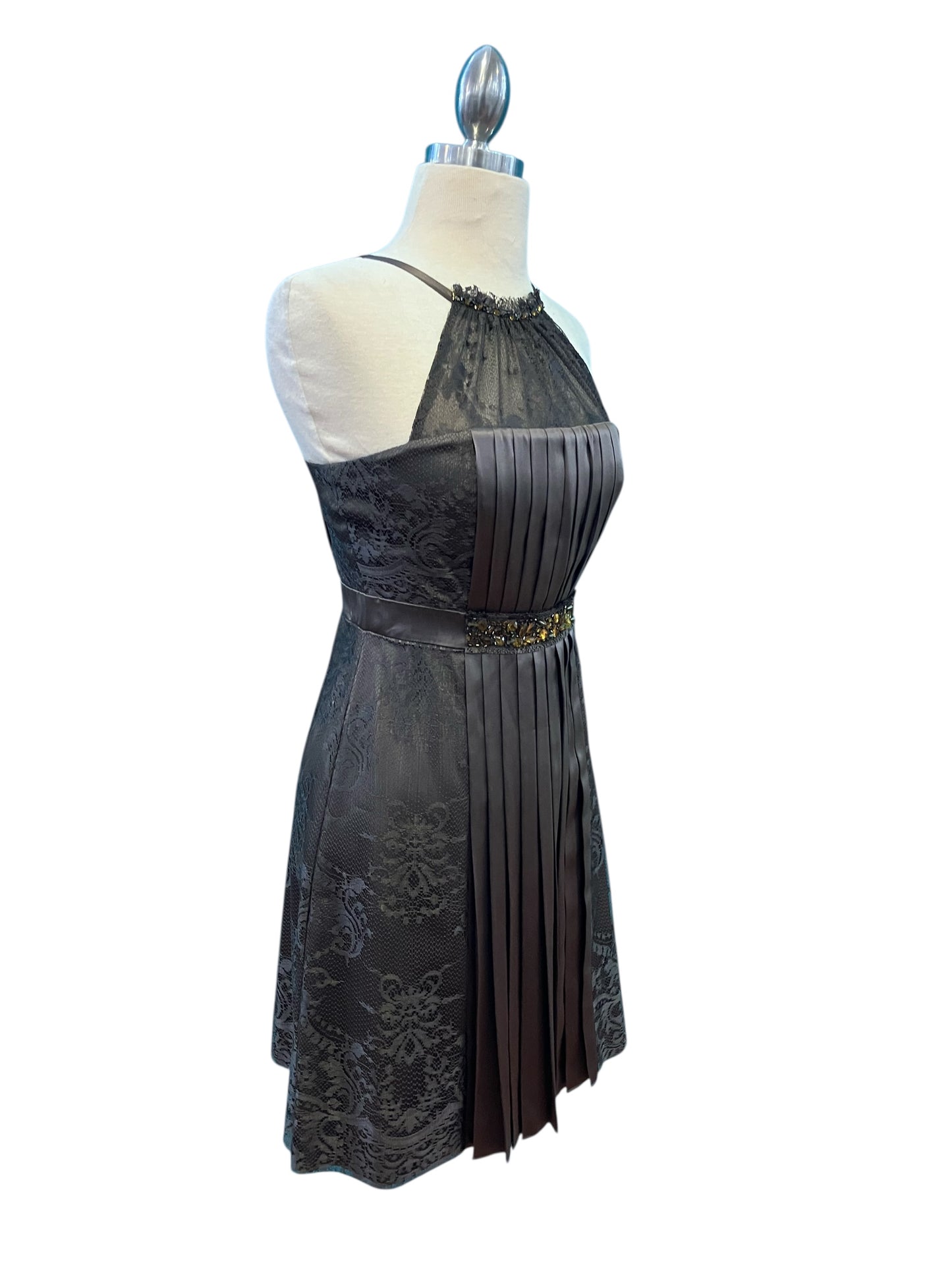 Designer BCBG Maxazria Brownish Gray Silk Cocktail Dress With Amber Rhinestones