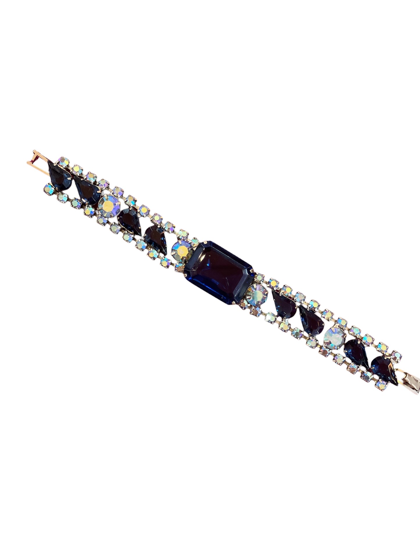 Vintage Dark Blue Iridescent Rhinestone Bracelet Midnight Navy Blue Costume Jewelry