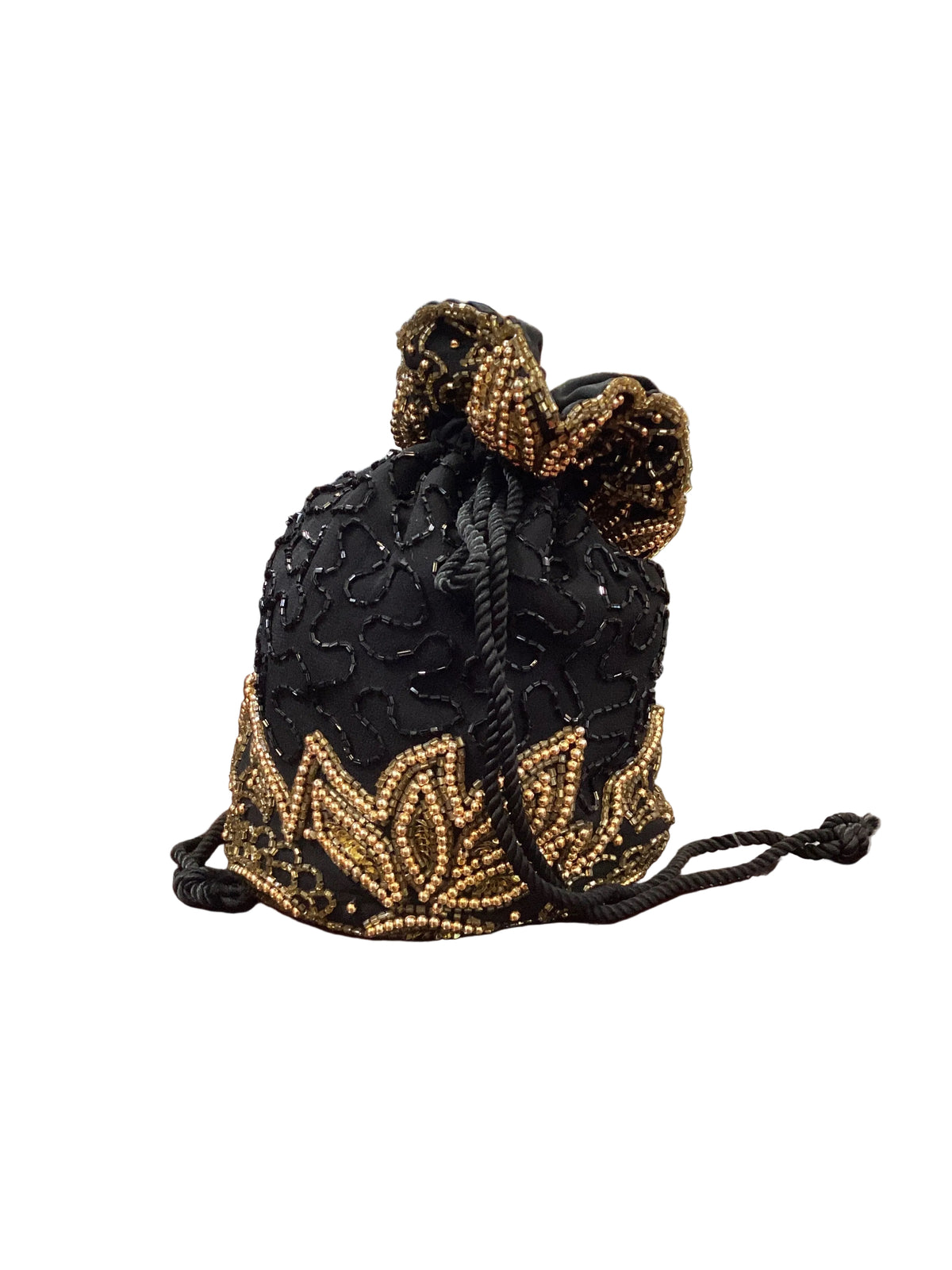 Vintage One of a Kind Black Gold Beaded Drawstring Pouch