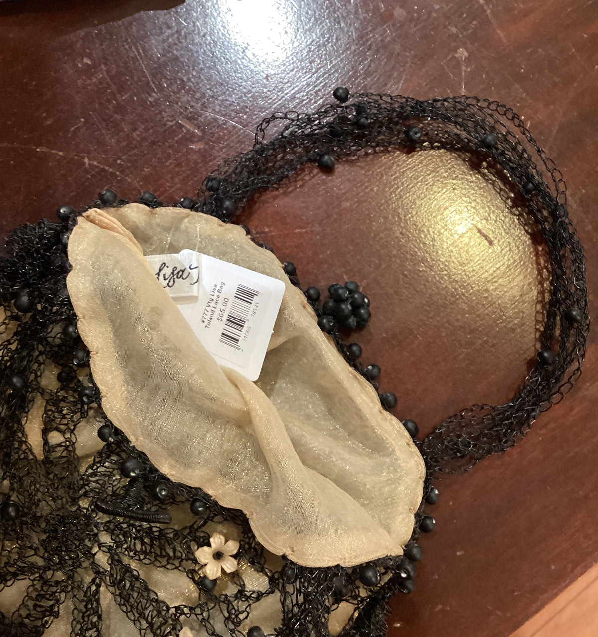 Vintage Lisa Toland Metal Wire Lace Shimmer Organza Lined Small Purse Floral Beading Black/Nude