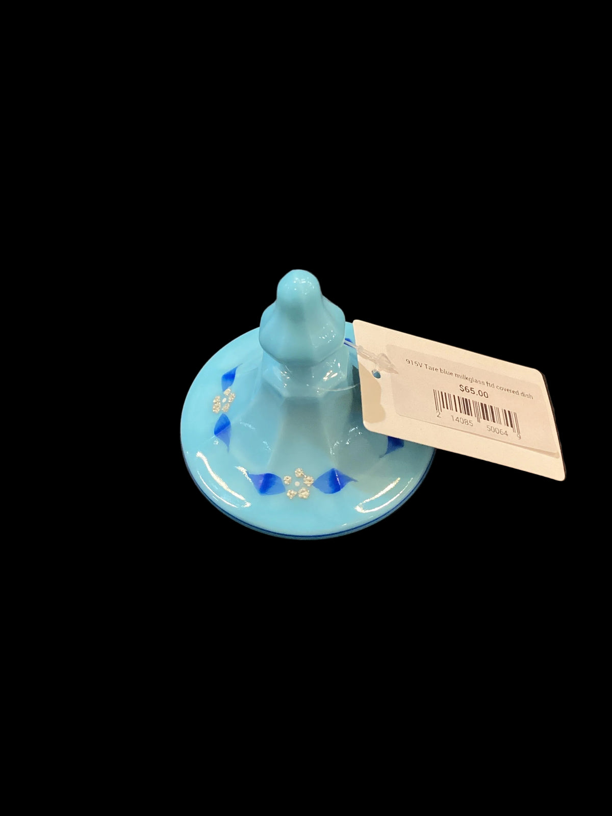 Rare Vintage Blue Milk Glass Hand Painted Footed Covered Container with Lid